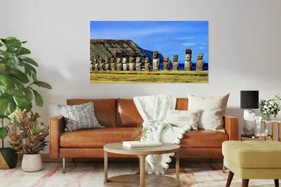 Easter Island Moai statues against ocean and cliffs. Reproduction