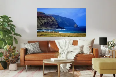 Moai statues on Easter Islands dramatic coastal landscape. Reproduction