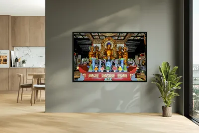 Visitors observe golden statues in Shanghai Buddhist temple inte Reproduction