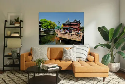 Vibrant Chinese garden with koi pond and visitors in Shanghai Reproduction