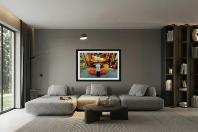 Worshipper kneels before Buddha statue in Shanghai temple Reproduction