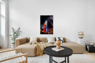 Luminous Shanghai skyscrapers and abstract sculpture at night Reproduction