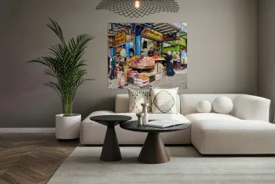 Greengrocer stall in the old city of Jerusalem busy with shopper Reproduction