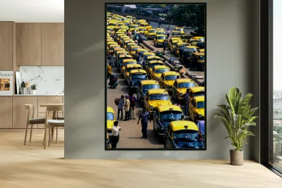 Taxi parking in Kolkatas busy streets during daytime Reproduction