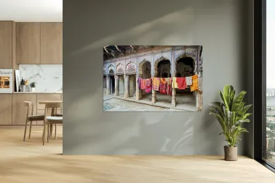 Decorated painted houses and colorful clothes in Mandawa Rajasth Reproduction