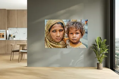 Mother and son standing together in Mandawa Rajasthan Reproduction