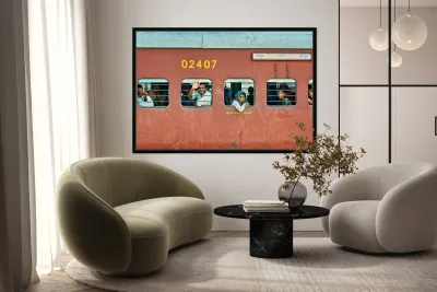 People travel on a train in Rajasthan India during the day Reproduction