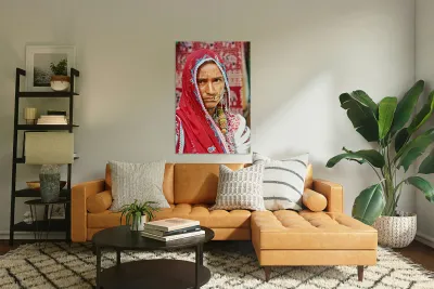 Portrait of a woman in traditional dress from Jaisalmer India Reproduction