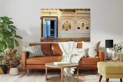 Decorated painted house in Jaisalmer Rajasthan shows local art Reproduction