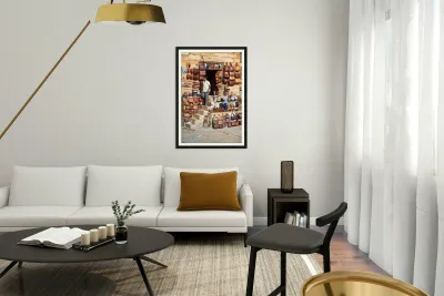 Selling leather bags in Jaisalmer from a shop Reproduction