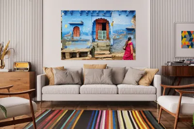 Walking along the blue streets of Jodhpur in Rajasthan India Reproduction