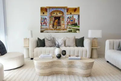 Bundi Rajasthan house with painted walls and a woman sweeping Reproduction