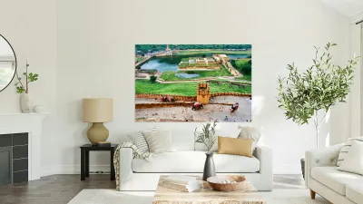 Exploring Amber Palace in Rajasthan with visitors and elephants Reproduction