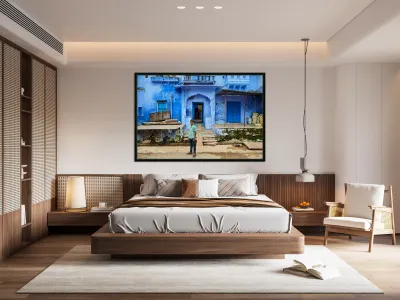 Decorated painted house in Bundi with a boy standing outside Reproduction