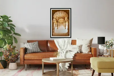 Amber Palace hall with arches and columns in Rajasthan India Reproduction