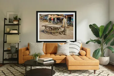 Man pulls an empty cart in Orchha Madhya Pradesh India Reproduction