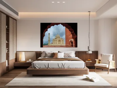 View of the Taj Mahal from an archway in Agra India Reproduction