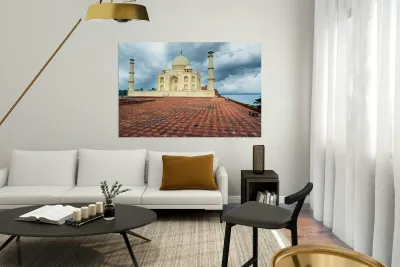 Taj Mahal in Agra during cloudy weather with empty courtyard Reproduction