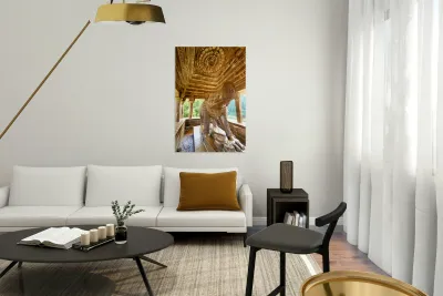 Nandi shrine in Khajuraho Madhya Pradesh shows ancient stone ca Reproduction