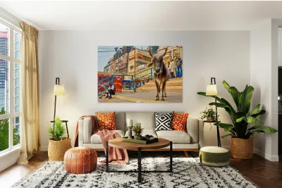 Sacred cow in Varanasi with people and shops in background Reproduction