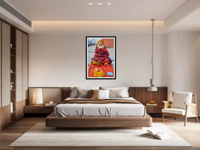 Holy man sadhu sits with offerings in Varanasi Uttar Pradesh Reproduction