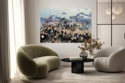 Cremation rites by the river Ganges in Varanasi India Reproduction