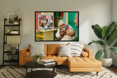 Barber provides shaving service in Varanasi Uttar Pradesh Reproduction