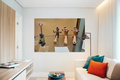 Displays of ancient artifacts are shown in glass cases Reproduction