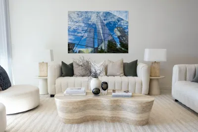 Reflections of one world trade center in manhattan Reproduction