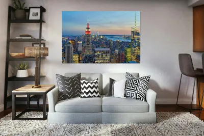 Manhattan aerial view showing Empire State Building at sunset Reproduction