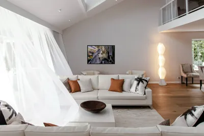 Dog riding in bag on subway in Manhattan New York City Reproduction