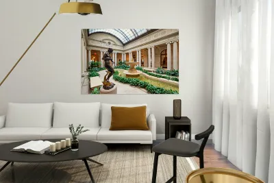 Visitors explore the courtyard at the Frick Collection in Manhat Reproduction