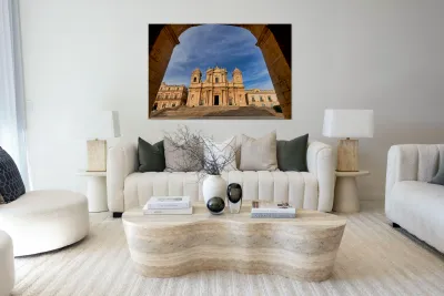 Noto Cathedral stands tall in Noto Sicily with blue sky backdro Reproduction