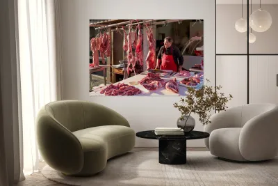 Market scene in Catania with fresh meat on display Reproduction