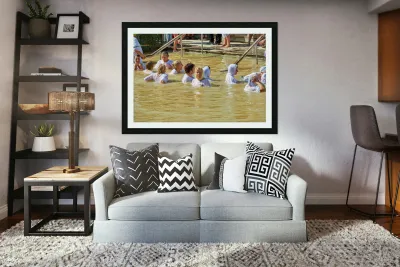 Visitors participate in baptism ceremony at Jordan River site Reproduction