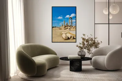 Ruins of the Citadel in Amman with pillars and cloudy sky Reproduction
