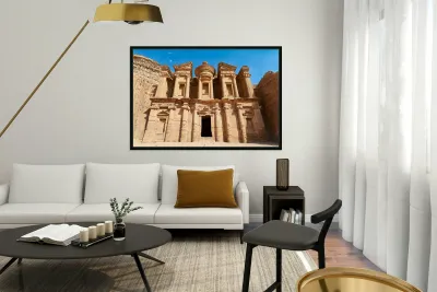 Visit to the Monastery at Petra in Jordan under clear blue sky Reproduction