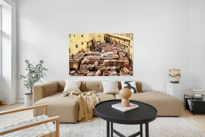 Chouara Tannery in Fez Morocco showing leather dyeing process Reproduction