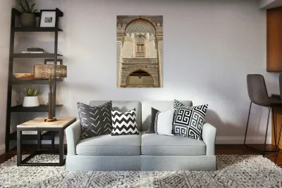 Detailed architecture at Al Attarine Madrasa in Fez Morocco Reproduction