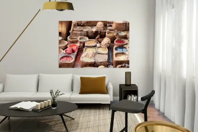 Workers dye leather at Chouara Tannery in Fez Morocco Reproduction