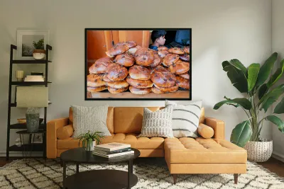 Loaf of bread covered in flies at market in Fez Morocco Reproduction