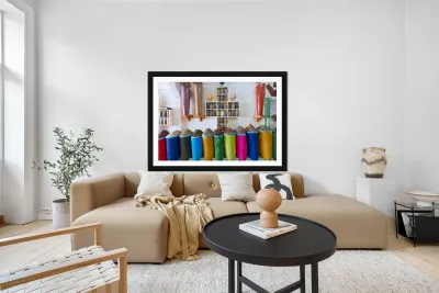 Herbal remedy shop in Marrakesh showing colorful bags of herbs Reproduction