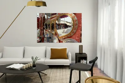 Life in the souk of Marrakesh showing local shops and items Reproduction