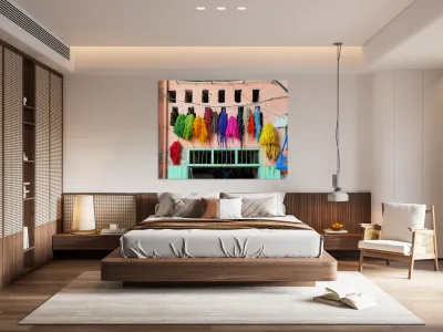 Hanging dyed threads in the dyers souk of Marrakesh Morocco Reproduction