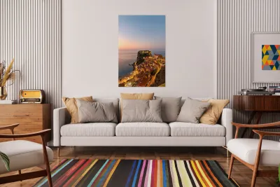 Elevated view of Ruffo castle and Scilla at sunset in Calabria Reproduction