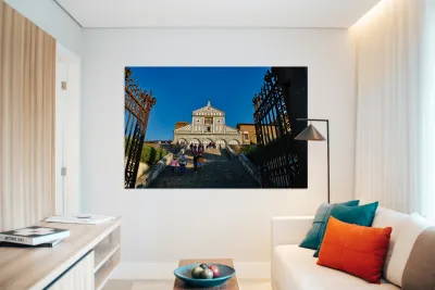 Visitors walk up the stairs to Basilica di San Miniato in Floren Reproduction