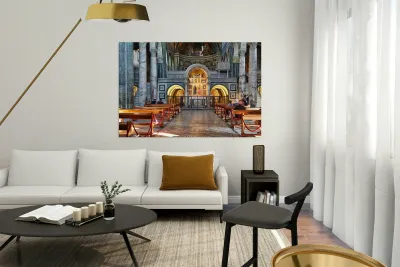 People walk inside basilica di san miniato in Florence Tuscany Reproduction