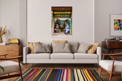 Grinder street shop in Palermo Sicily with shopkeeper Reproduction