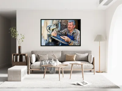 Shoemaker working in Aleppo souq in Syria Reproduction