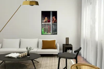 Monks sitting on balcony in Kalaw village Myanmar Reproduction